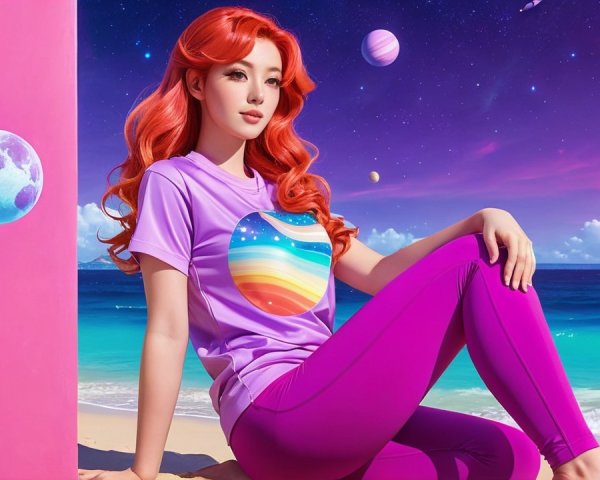 Young Woman with Red Hair in Whimsical Beach Scene