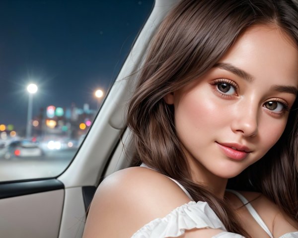 Young woman in car with city skyline backdrop