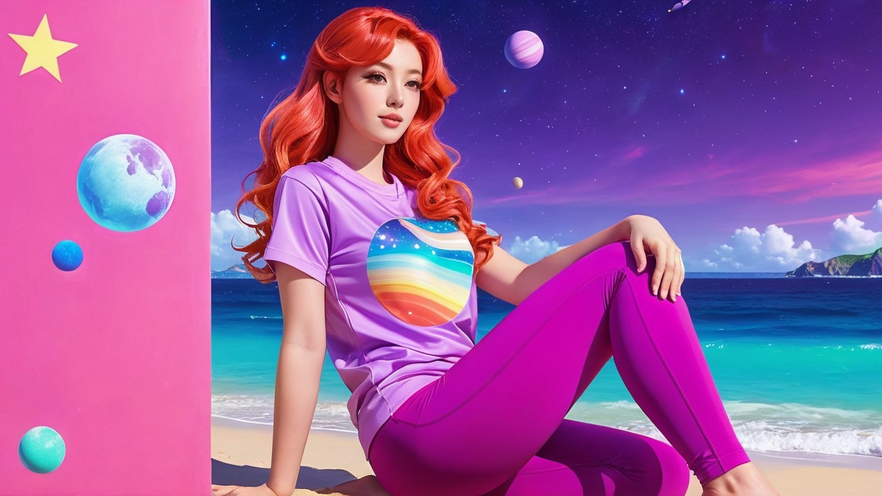 Young Woman with Red Hair in Whimsical Beach Scene