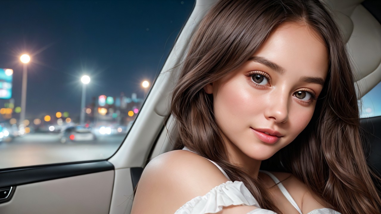Young woman in car with city skyline backdrop