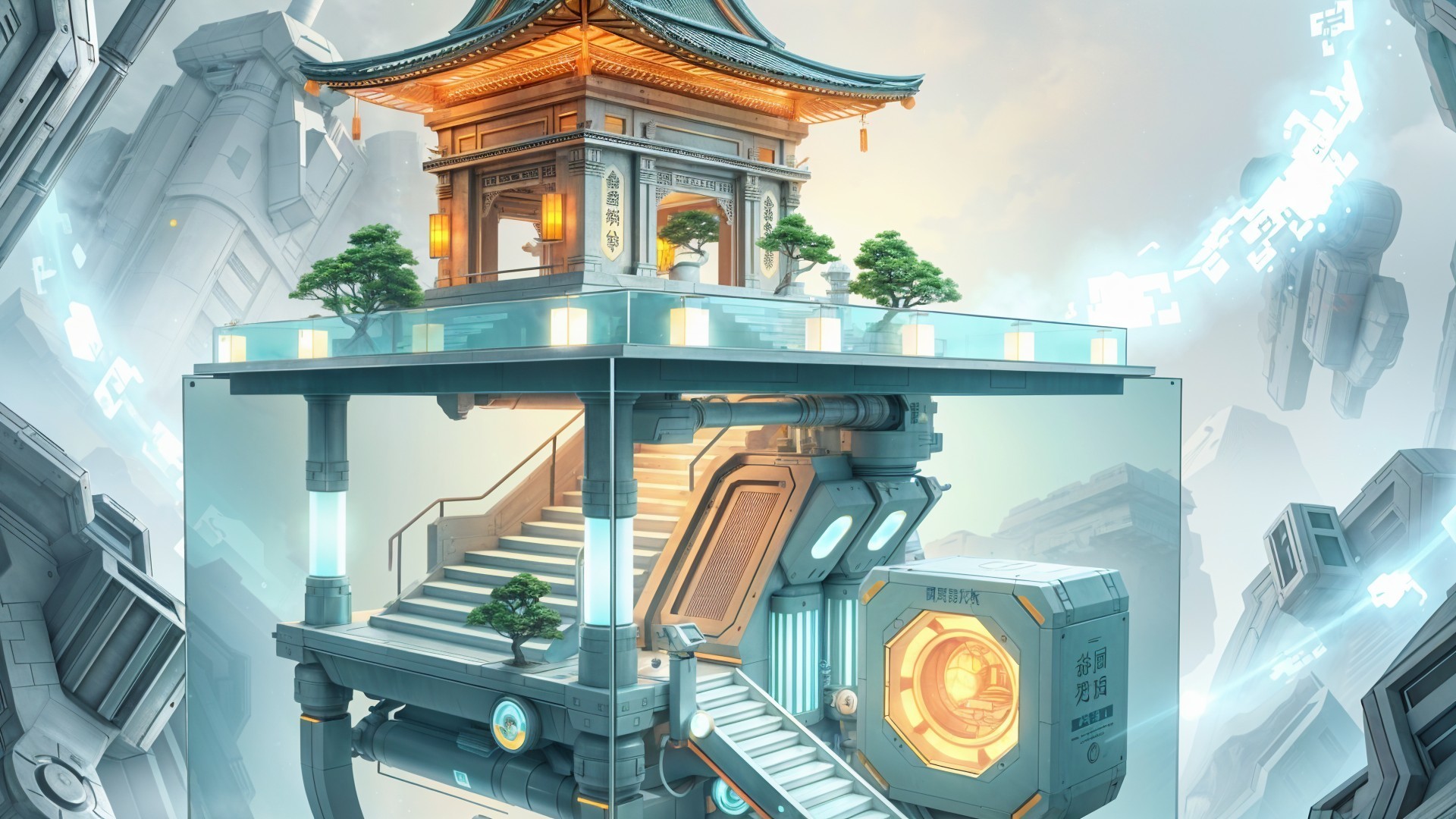 Futuristic Pagoda Structure with Modern Technology Elements