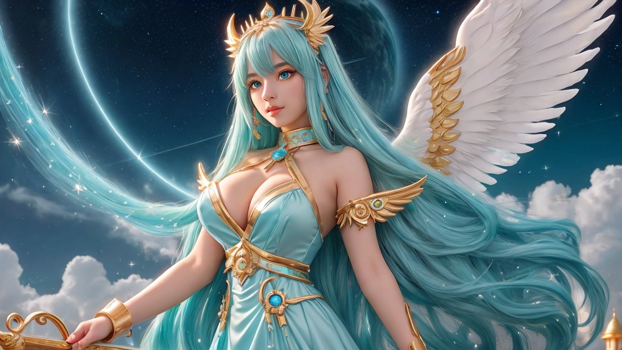 Majestic figure in celestial setting with wings and gown