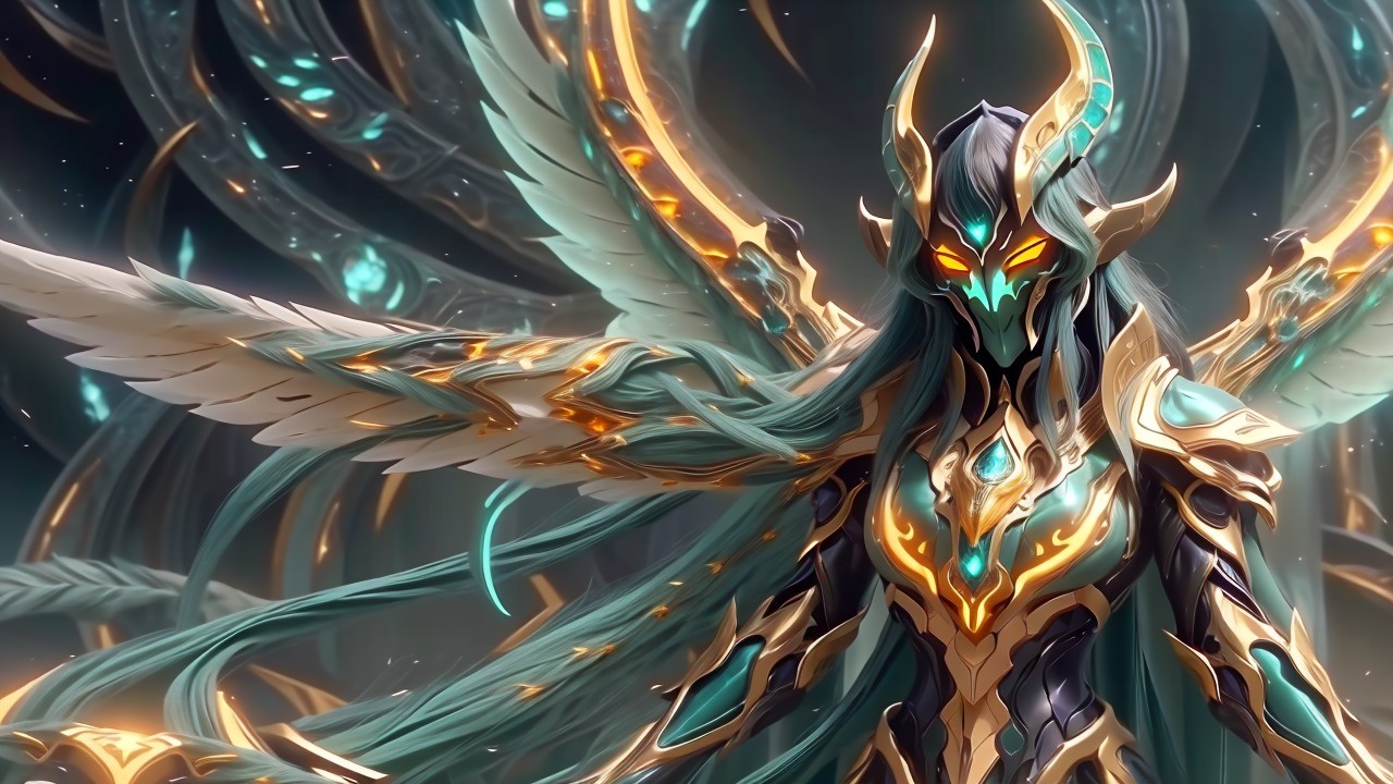 Armoured figure with gold and teal designs and wings