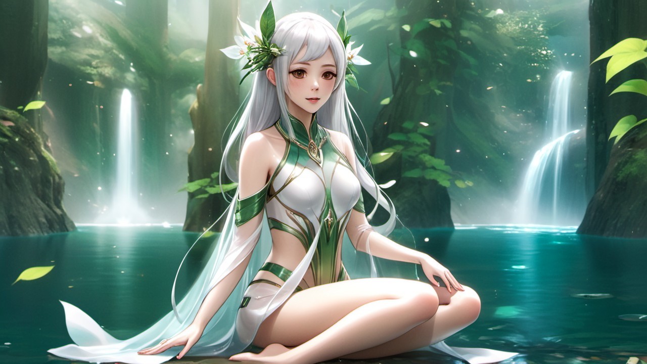 Serene figure by a tranquil blue lake with greenery