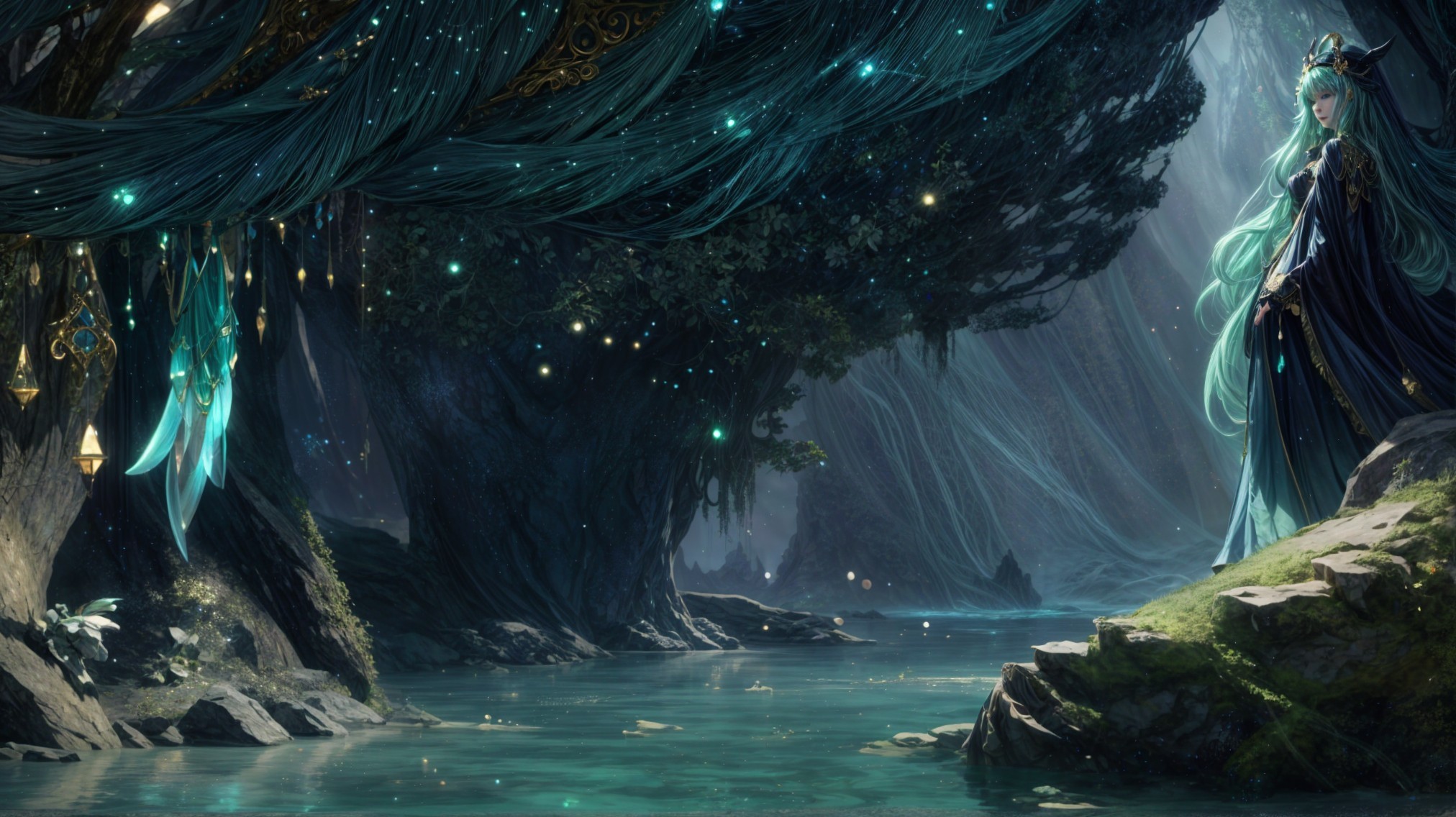 Mystical Forest with Teal-Haired Figure and River