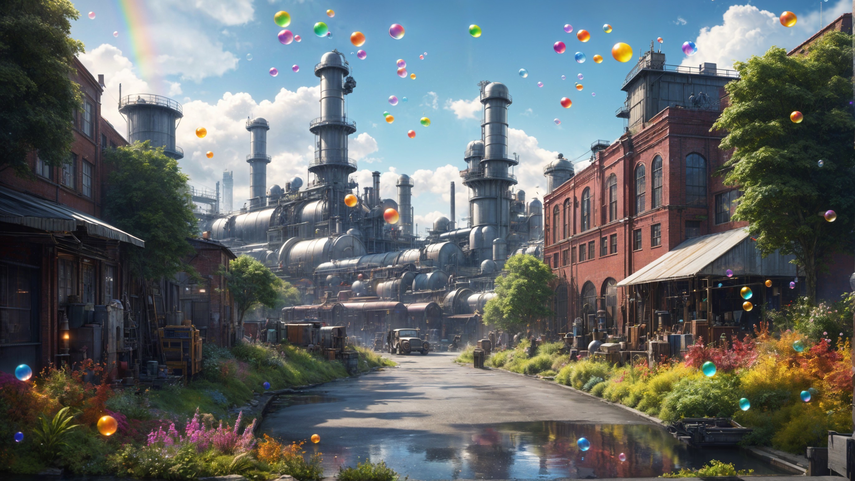 Vibrant Industrial Scene with Smokestacks and Nature