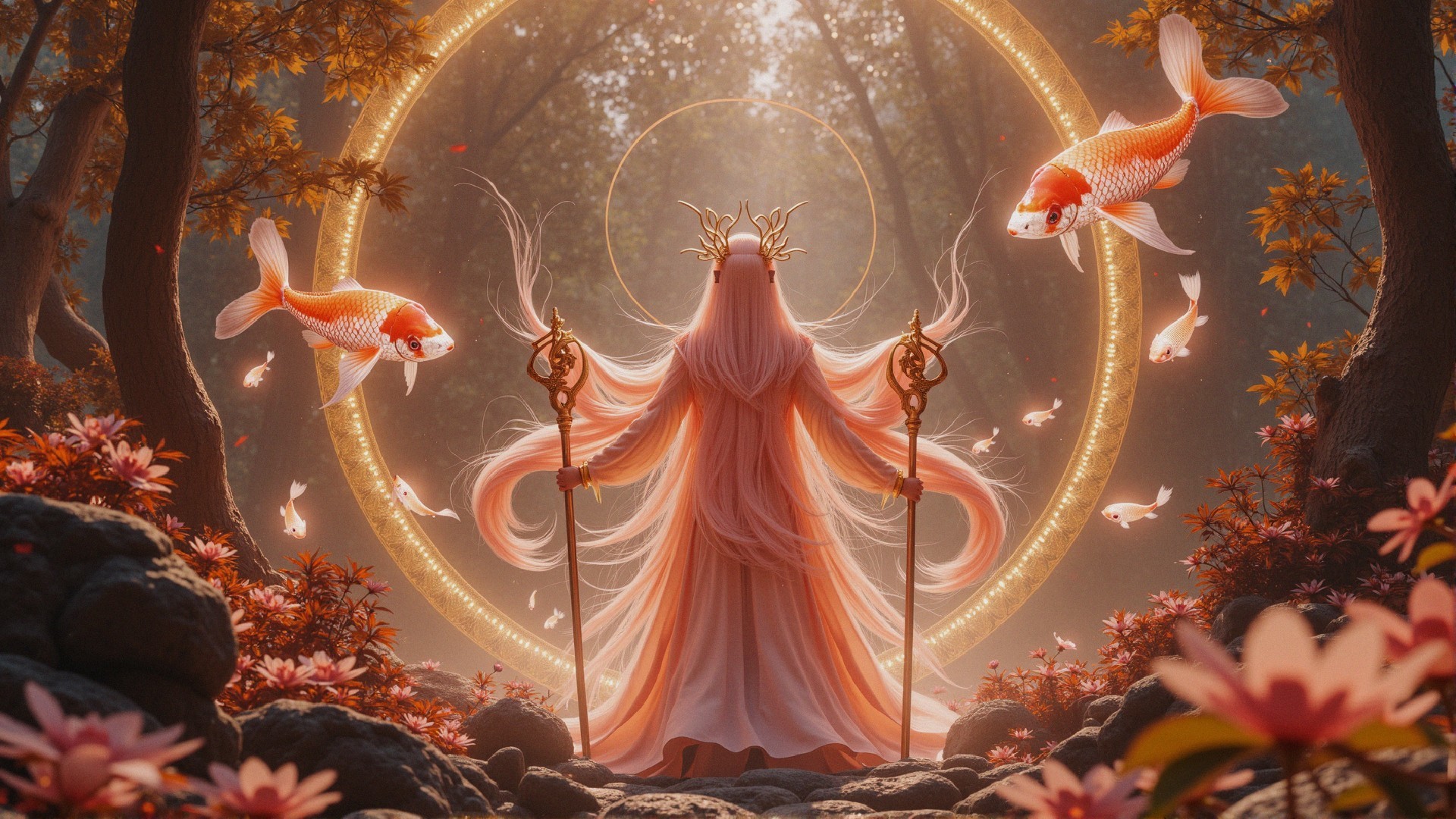 Mystical Forest Scene with Serene Figure and Koi Fish