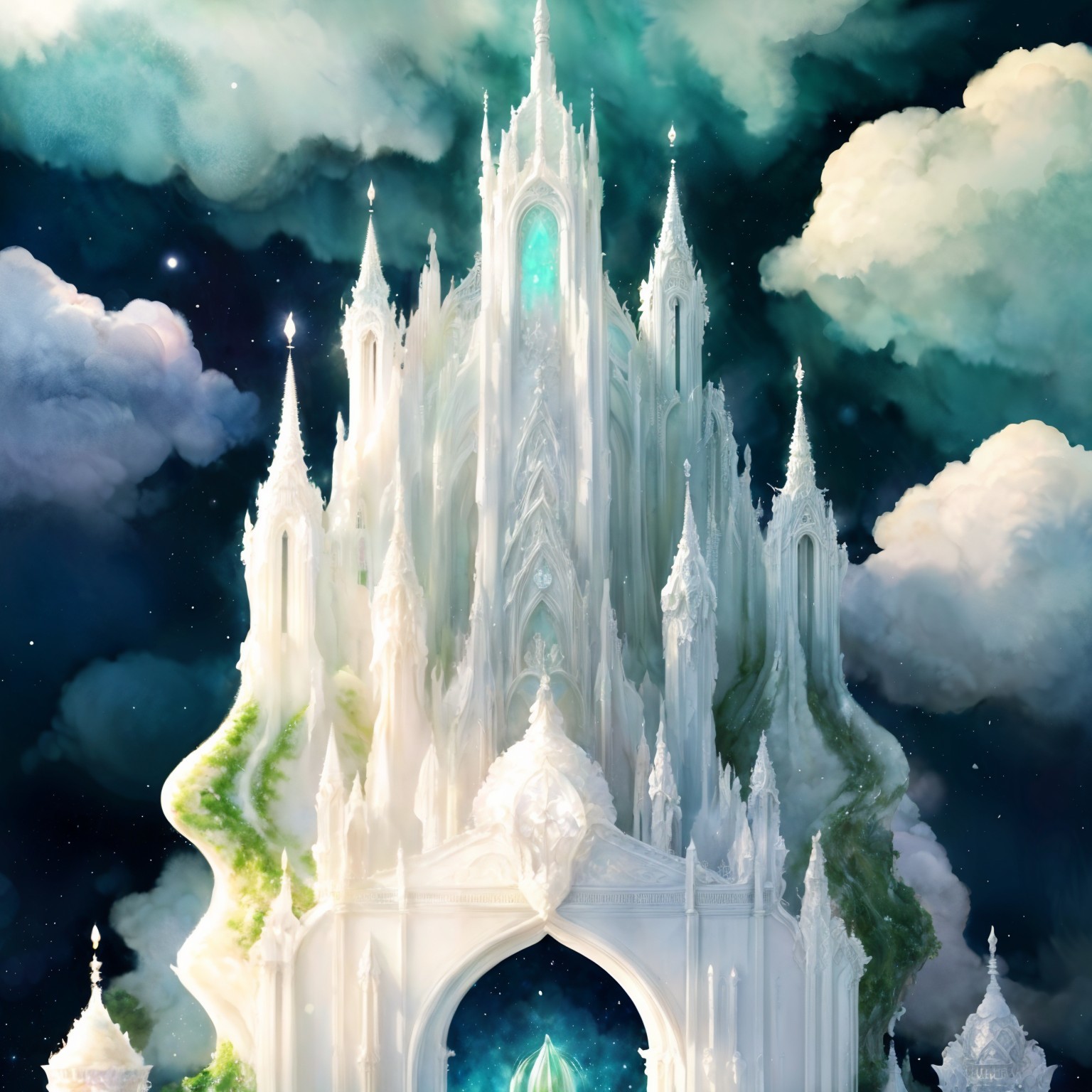 Majestic Castle with Ethereal Glow and Starry Sky