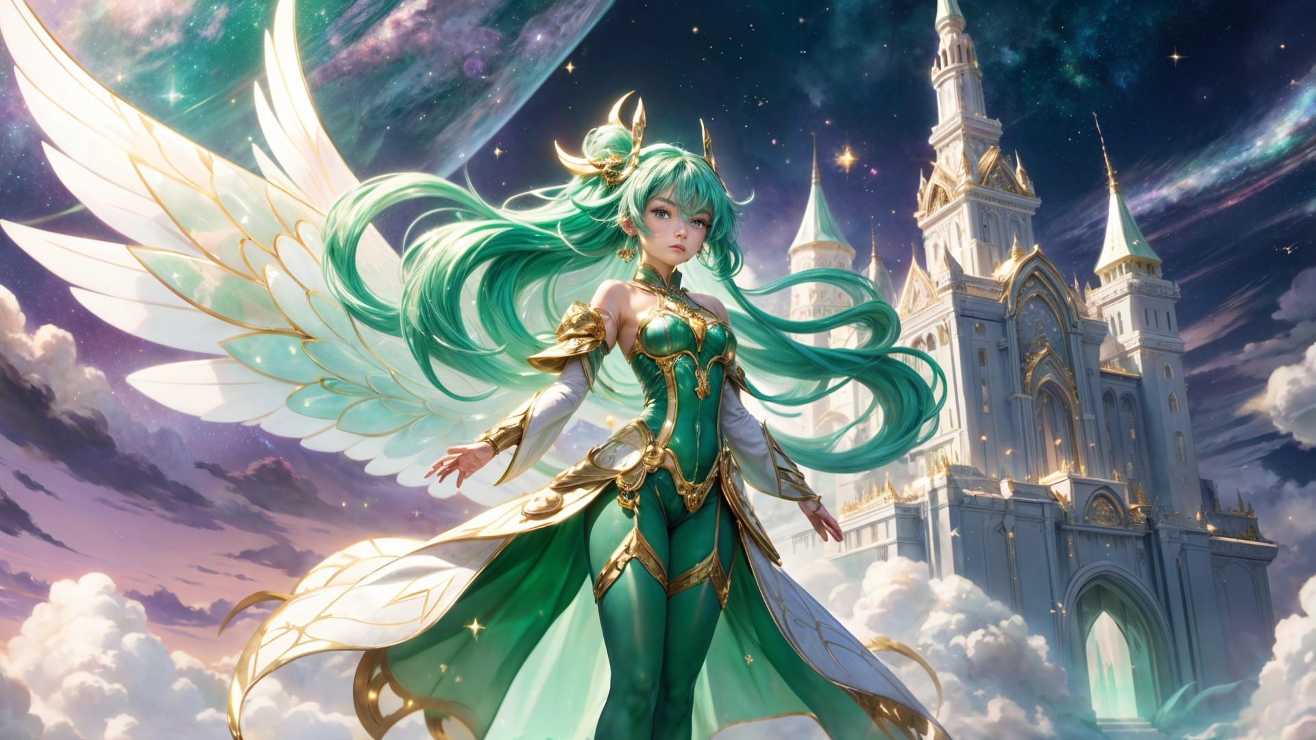 Celestial Figure with Vibrant Hair and Wings in Space