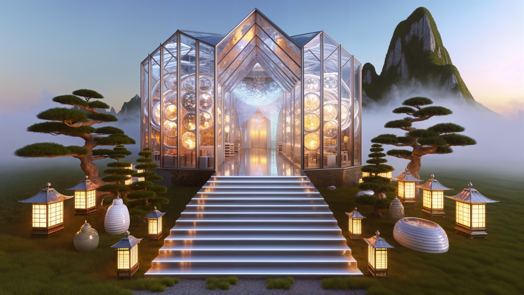 Modern Glass Structure in Serene Garden Setting