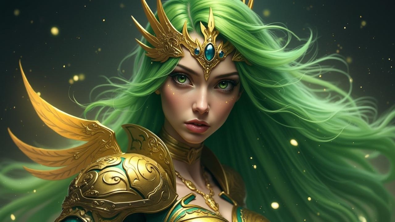 Regal warrior in golden armor with green hair