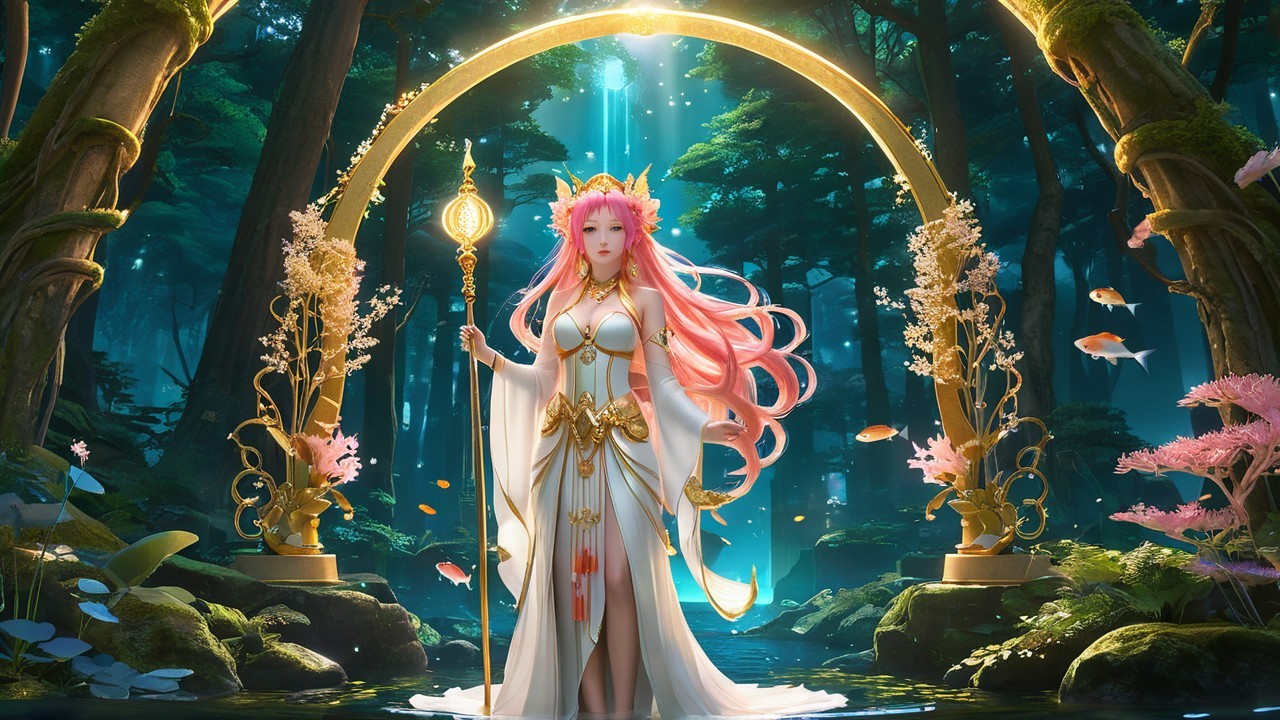 Majestic figure in mystical forest with ethereal light