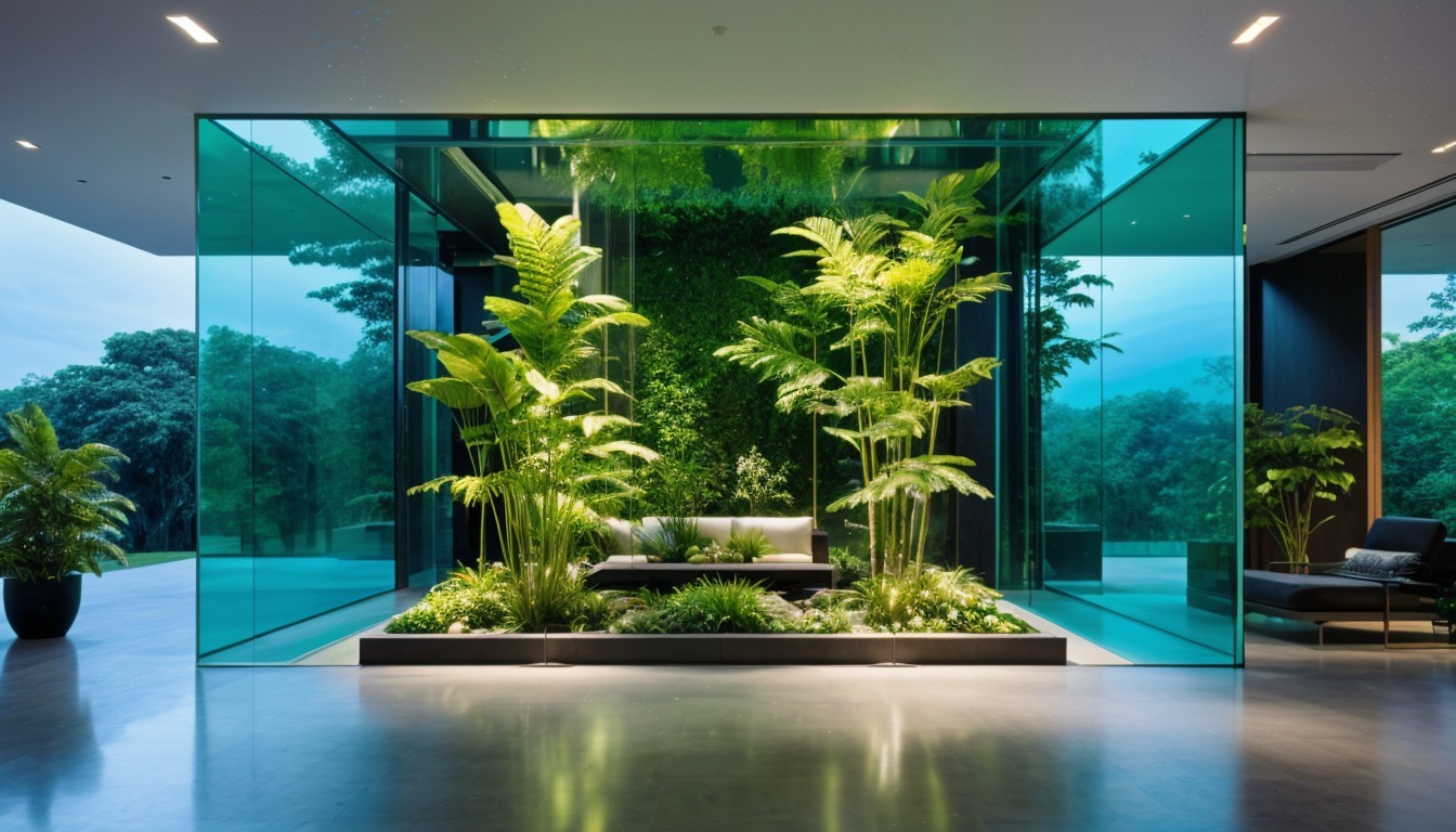 Modern Glass Lobby with Indoor Garden and Ambient Lighting