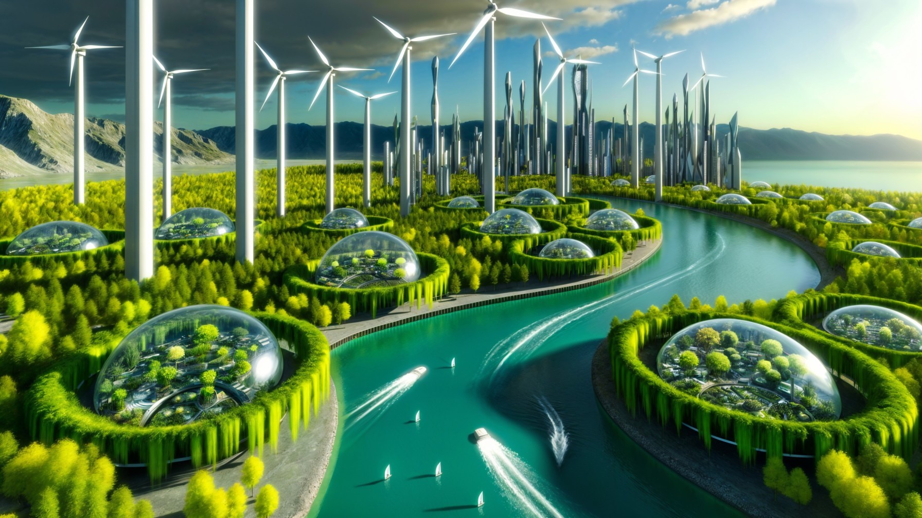 Futuristic cityscape with skyscrapers and wind turbines