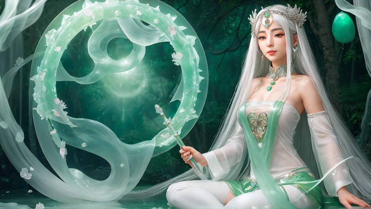 Serene figure in mystical forest with glowing orbs