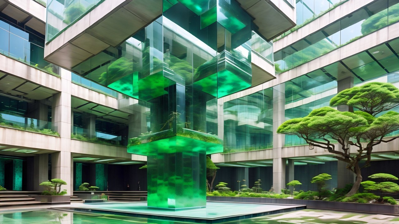 Modern Architectural Courtyard with Glass Structure