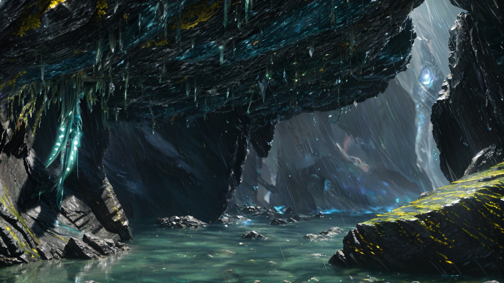 Mysterious cave with colorful minerals and shimmering water