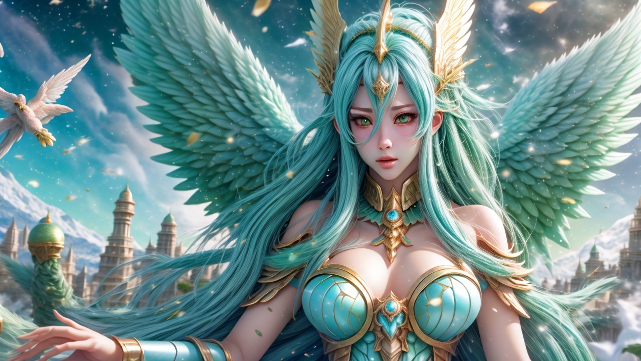 Mythical figure in celestial landscape with turquoise hues