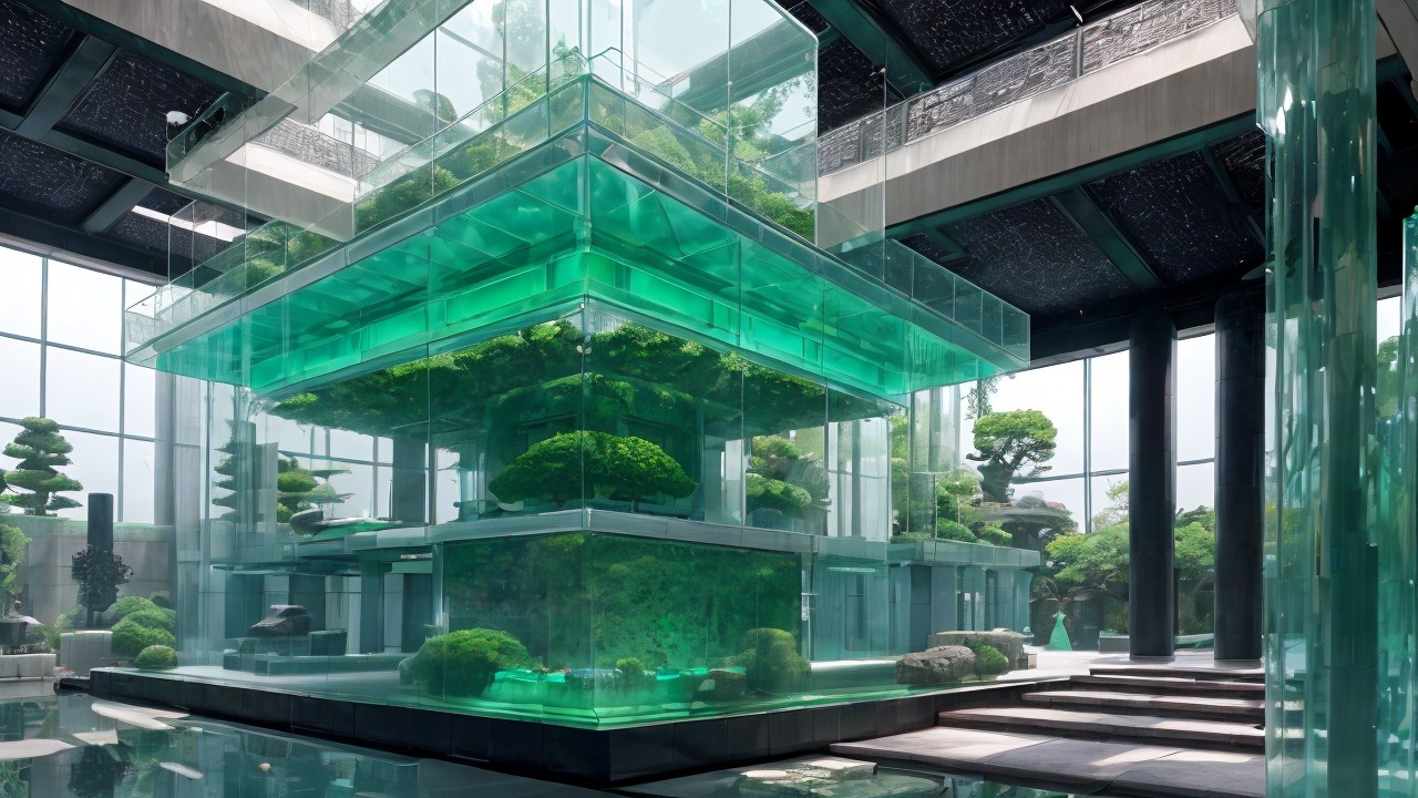Modern Multi-Level Structure with Glass Walls and Plants
