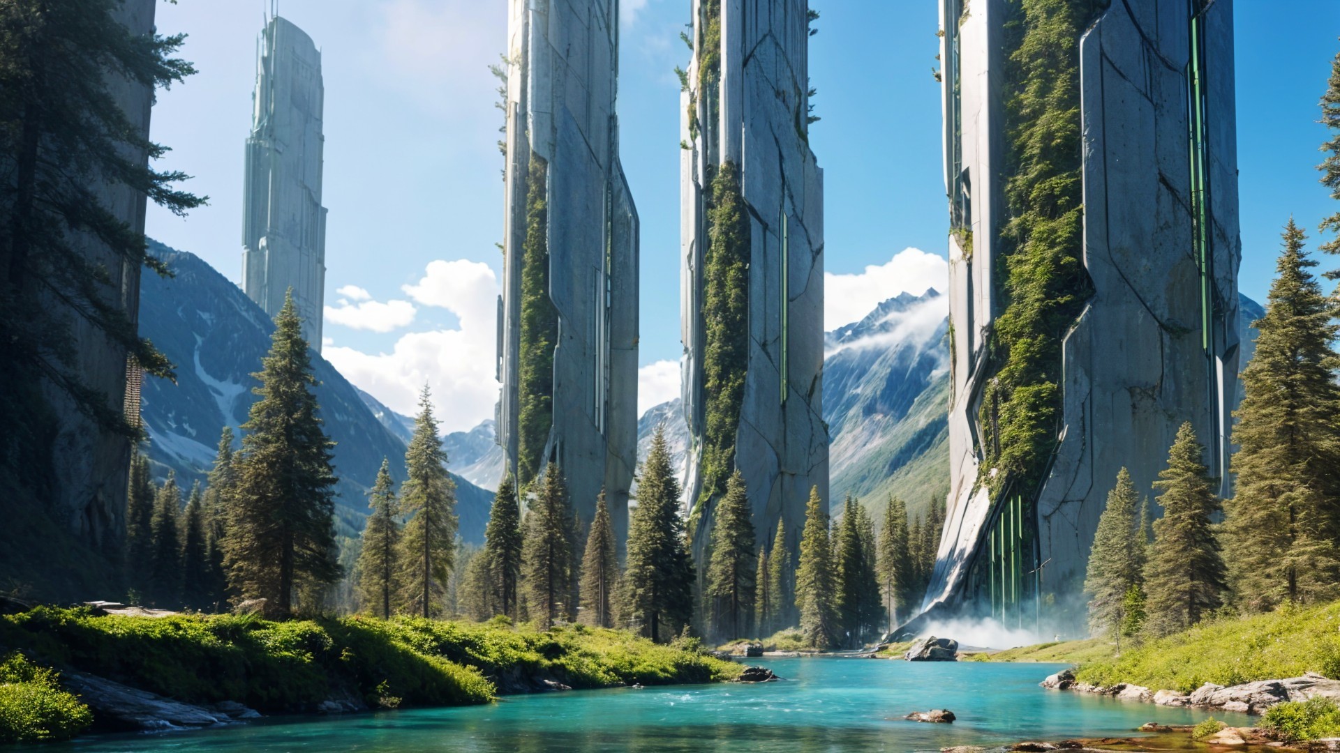 Futuristic Structures Amidst Serene Natural Landscape