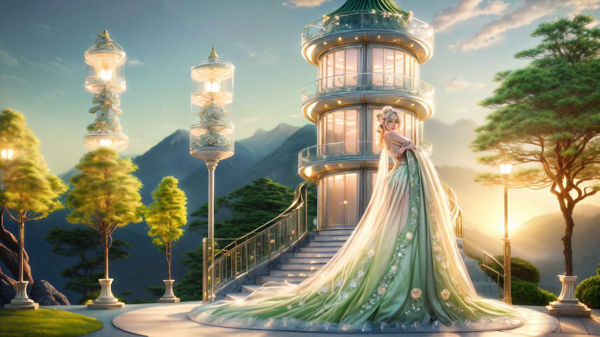 Elegant figure in green gown on grand staircase at sunset