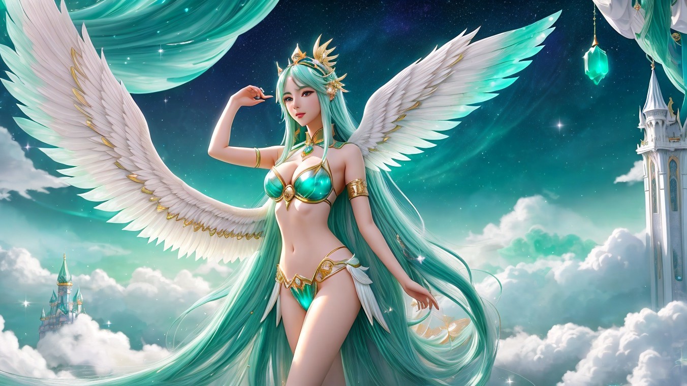 Celestial Figure with Aqua Hair and White Wings