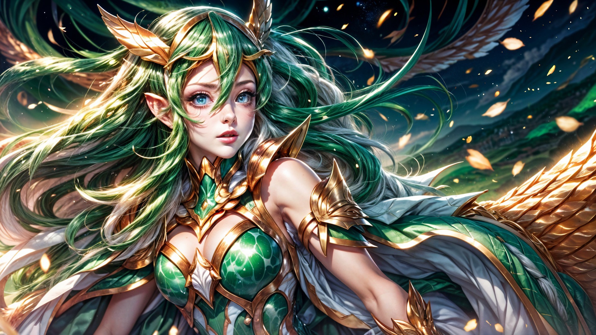 Fantasy Character with Green Hair and Intricate Armor