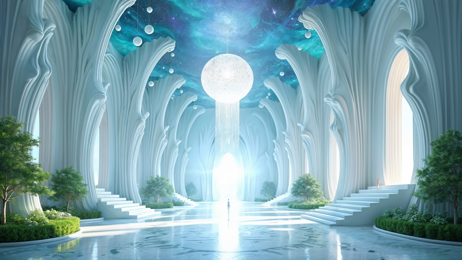 Ethereal hall with white columns and cosmic ceiling