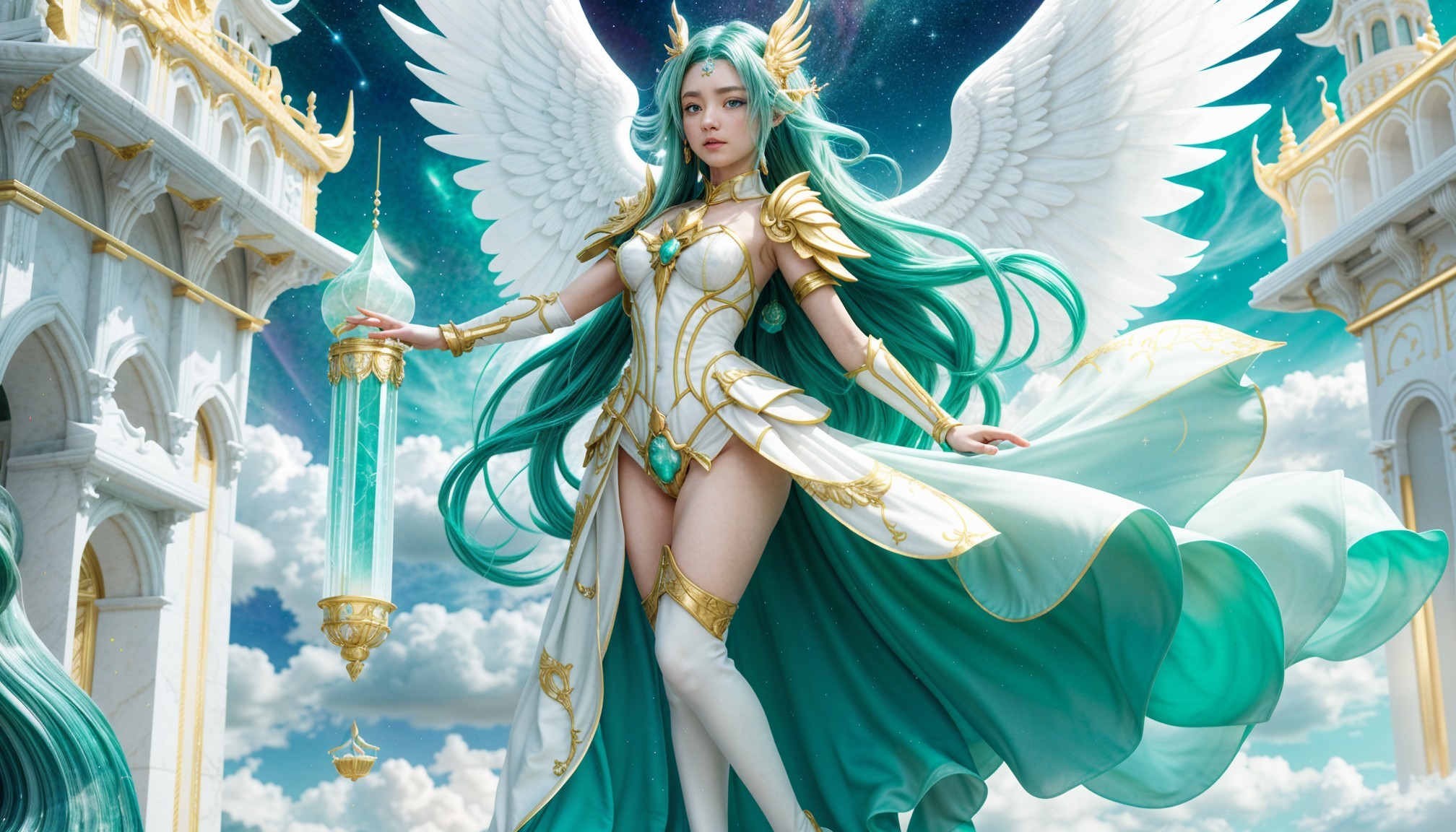 Majestic figure in armor with wings in celestial setting