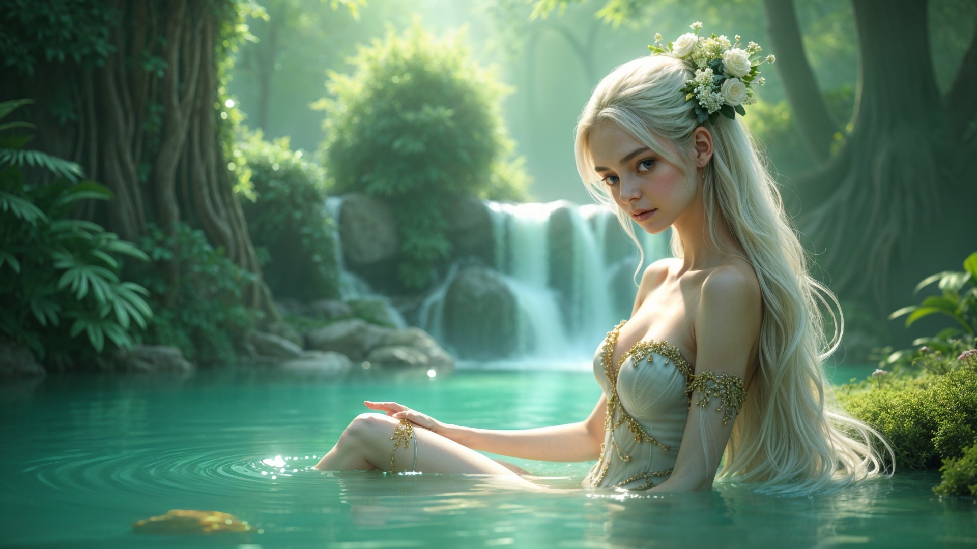 Young woman in gown sitting by forest pool