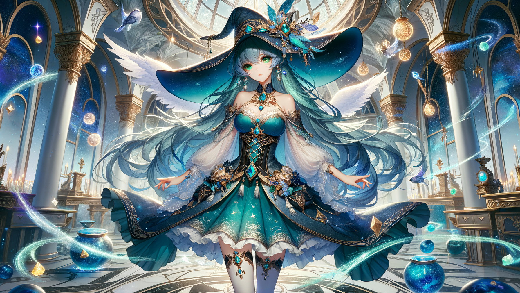 Magical female figure in celestial setting with wings