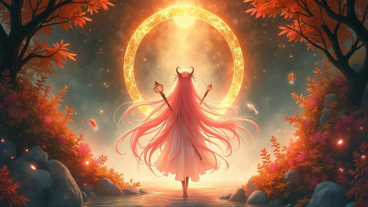 Figure with Pink Hair by Glowing Circular Portal
