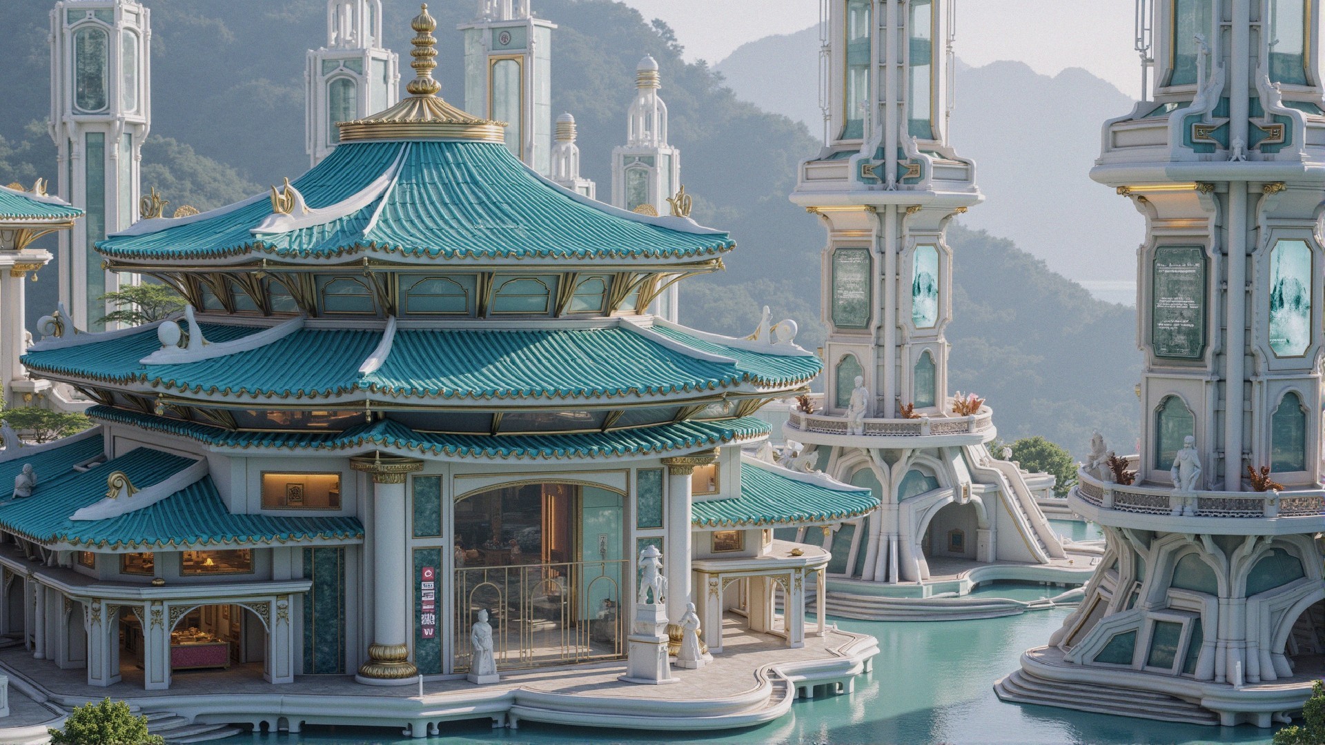 Opulent architectural marvel with turquoise-roofed pavilion