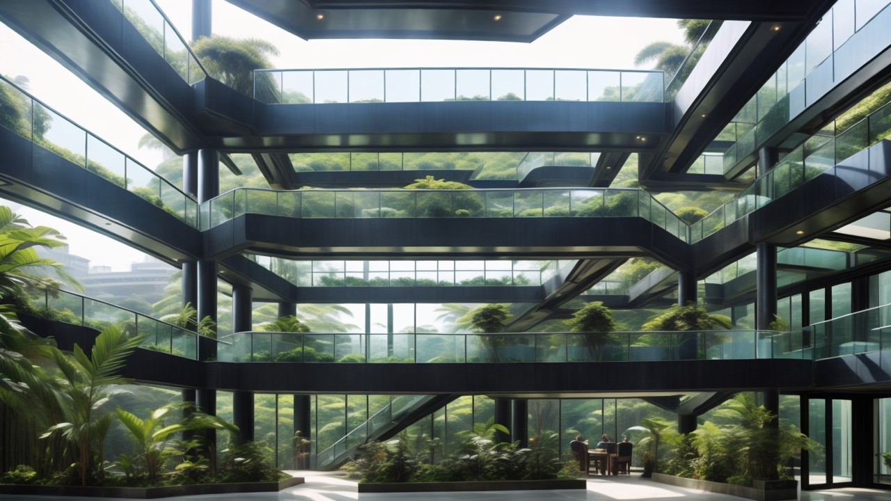 Modern multi-level atrium with tropical plants and glass