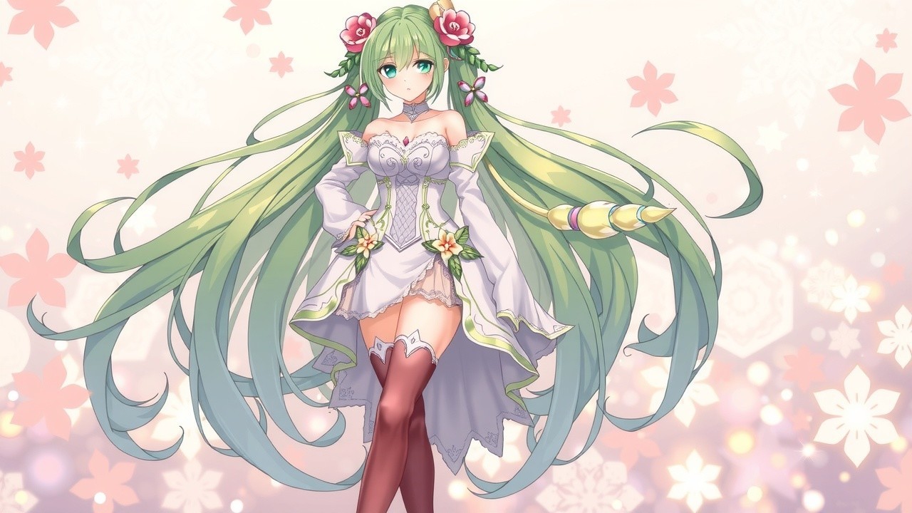 Fantastical character with green hair and floral dress