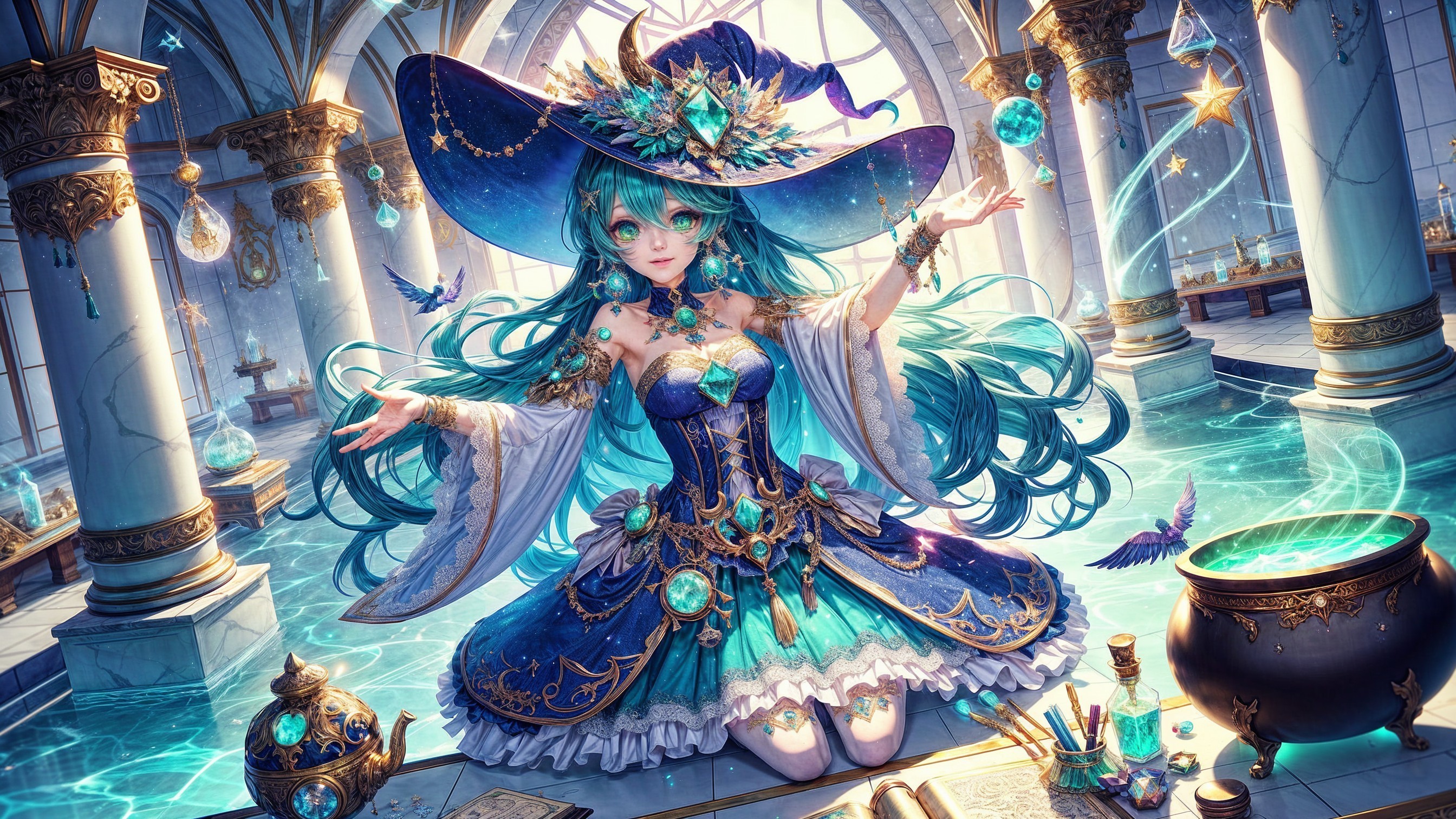 Whimsical Sorceress in a Mystical Chamber Setting