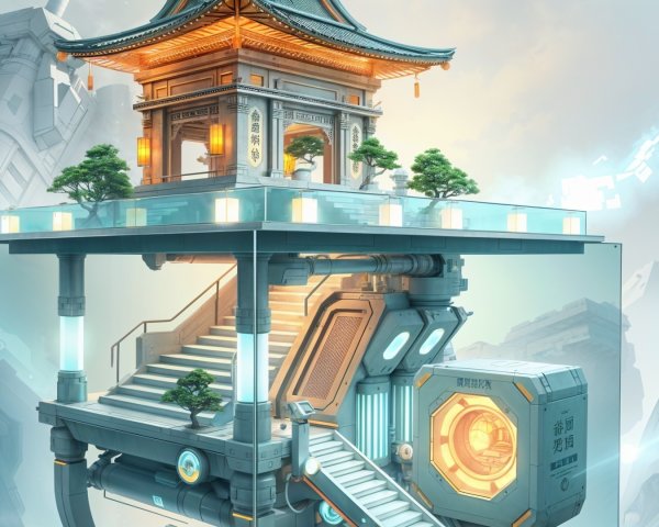 Futuristic Pagoda Structure with Modern Technology Elements