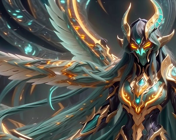 Armoured figure with gold and teal designs and wings