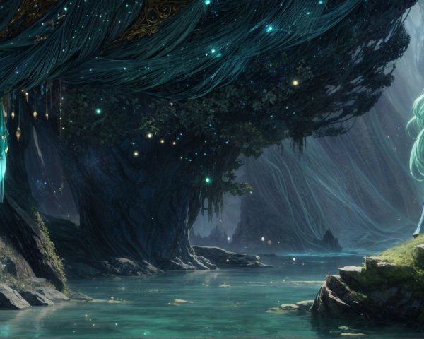 Mystical Forest with Teal-Haired Figure and River
