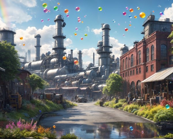 Vibrant Industrial Scene with Smokestacks and Nature