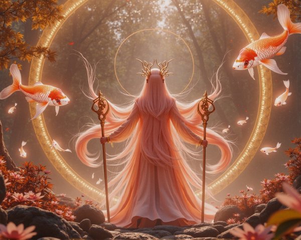 Mystical Forest Scene with Serene Figure and Koi Fish