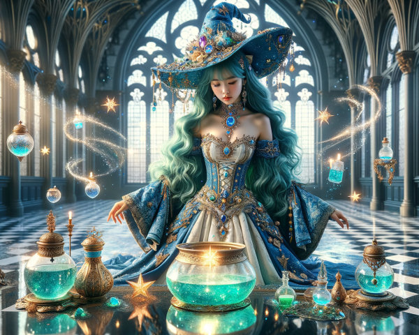 Gothic Room with Enchanted Woman and Magical Orbs