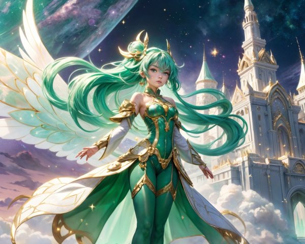 Celestial Figure with Vibrant Hair and Wings in Space