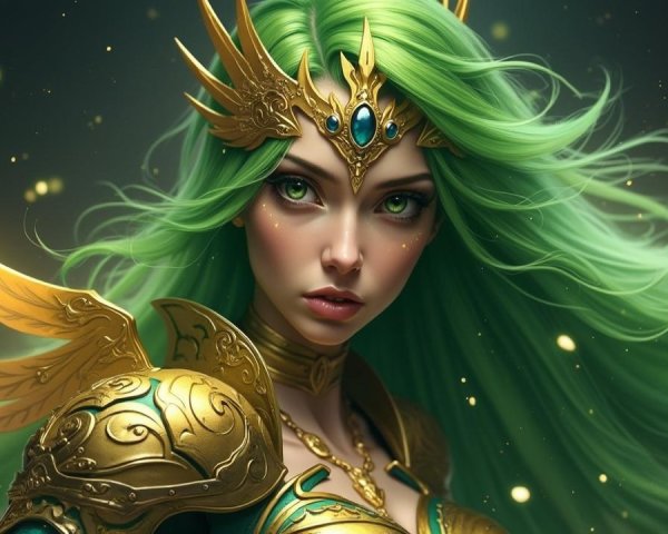 Regal warrior in golden armor with green hair