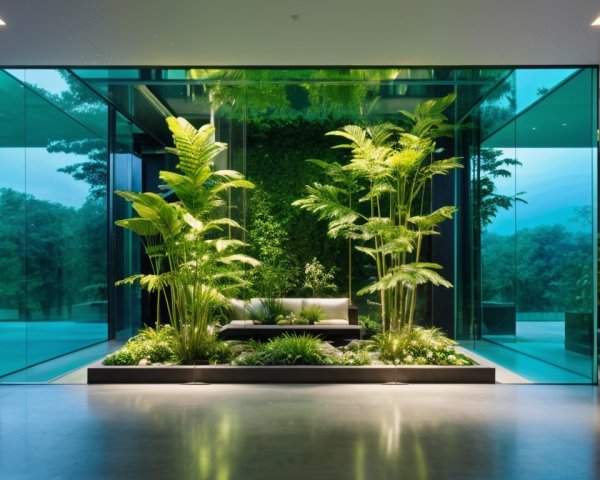 Modern Glass Lobby with Indoor Garden and Ambient Lighting