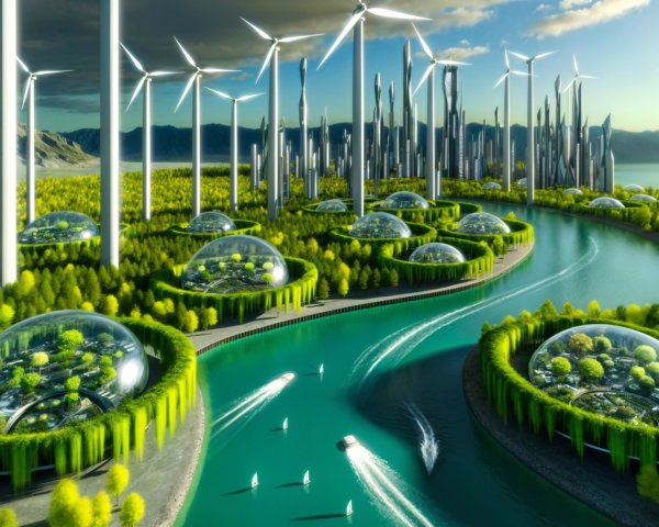 Futuristic cityscape with skyscrapers and wind turbines