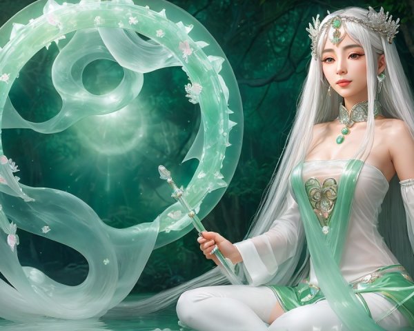 Serene figure in mystical forest with glowing orbs