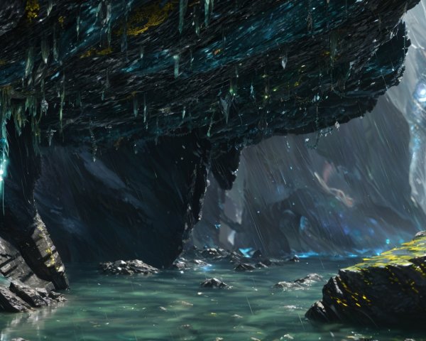Mysterious cave with colorful minerals and shimmering water