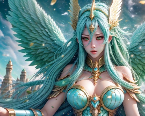 Mythical figure in celestial landscape with turquoise hues