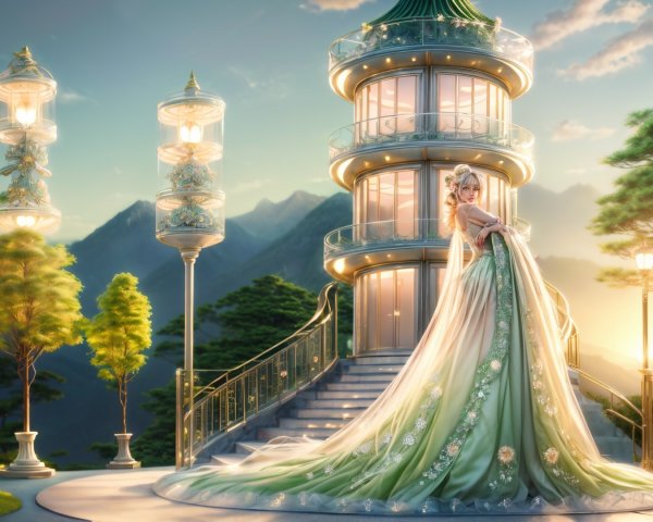 Elegant figure in green gown on grand staircase at sunset